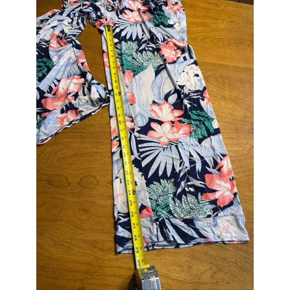 Tommy Bahama Womens Tropical Button-Up Top and Wide-Leg Pajama Set Navy Coral XL